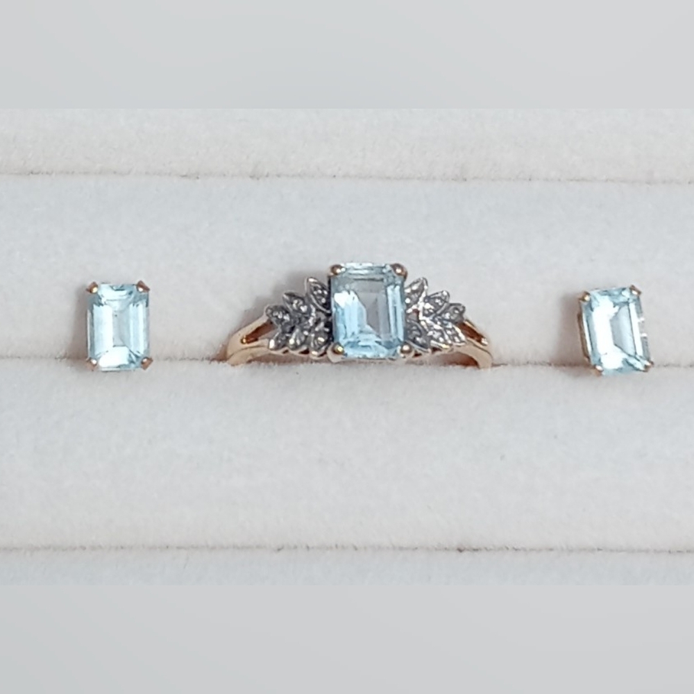 14KT Aquamarine Ring Three Square Gems and Square Earring Set size 10.25